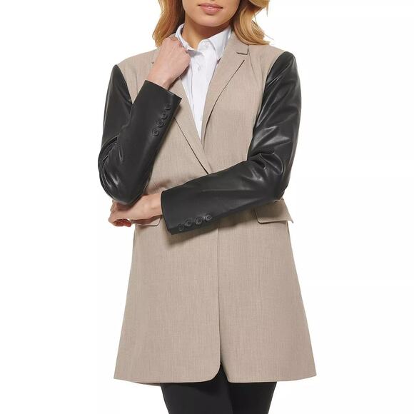 DKNY Mixed Media Black VEGAN Leather Sleeve Long Blazer Mid Jacket NWT sz LARGE - Picture 1 of 6